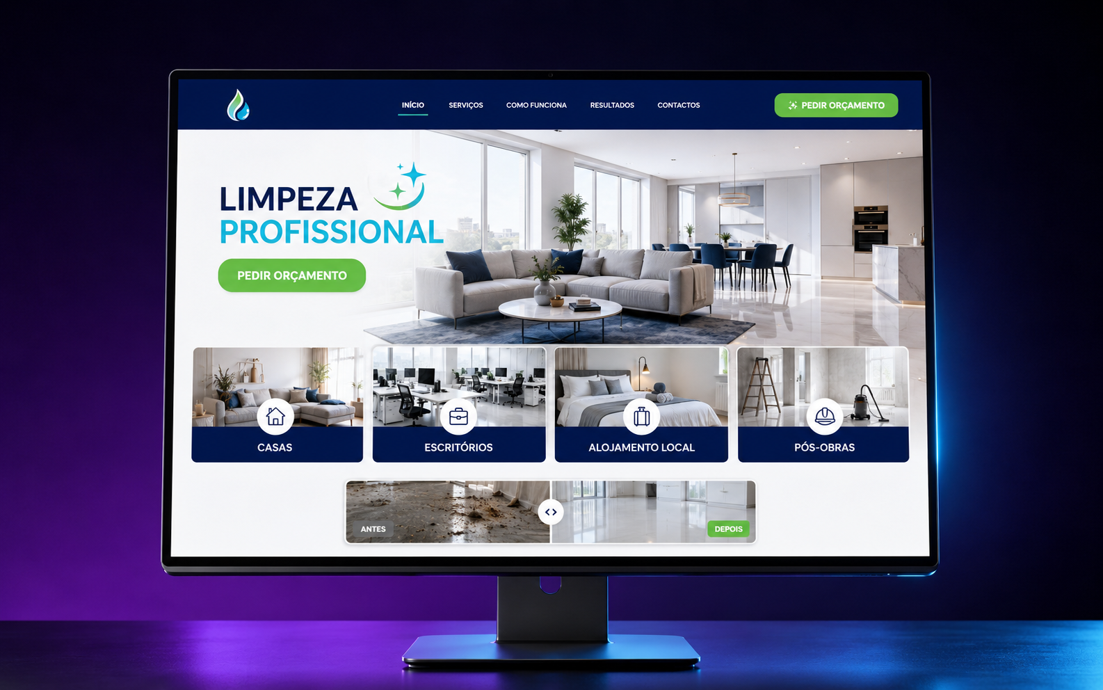 Demonstração conceptual de site para limpeza profissional