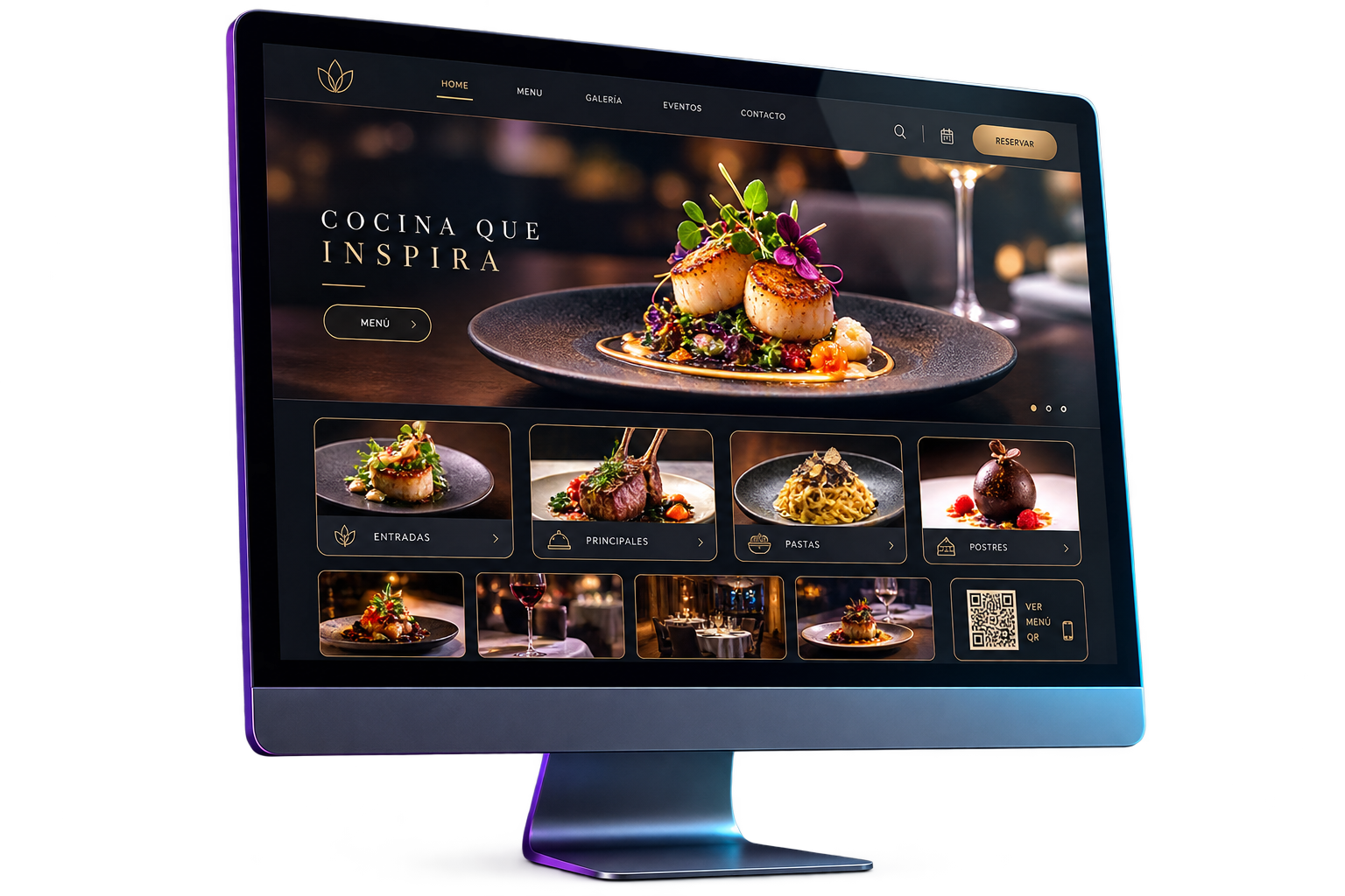 Computador a apresentar um site moderno de restaurante com menu digital